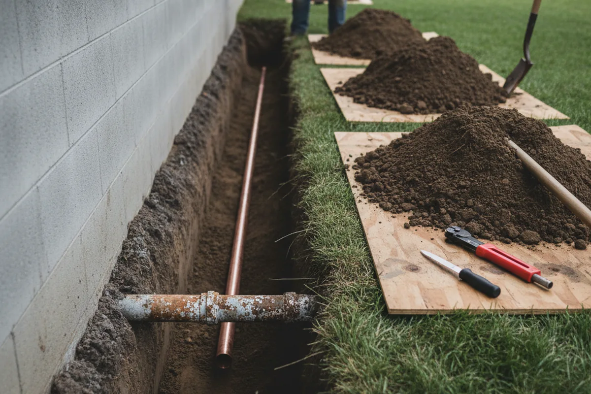Excavated water line trench during Sewer Line Repair in Fairwater